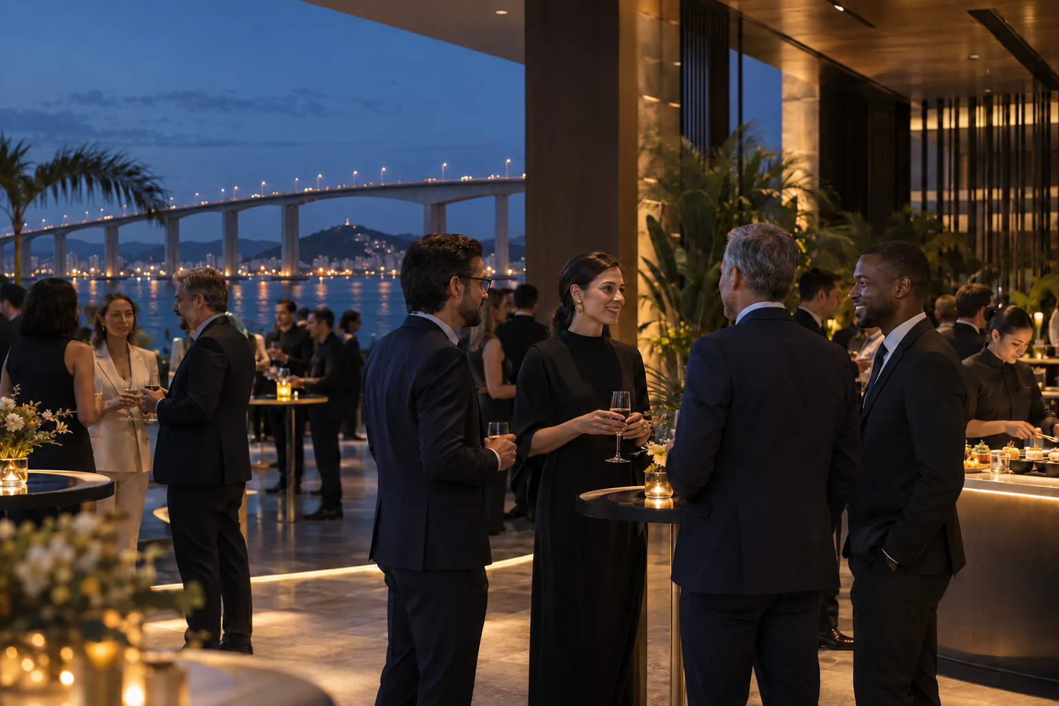 Evento social e corporativo com convidados conversando